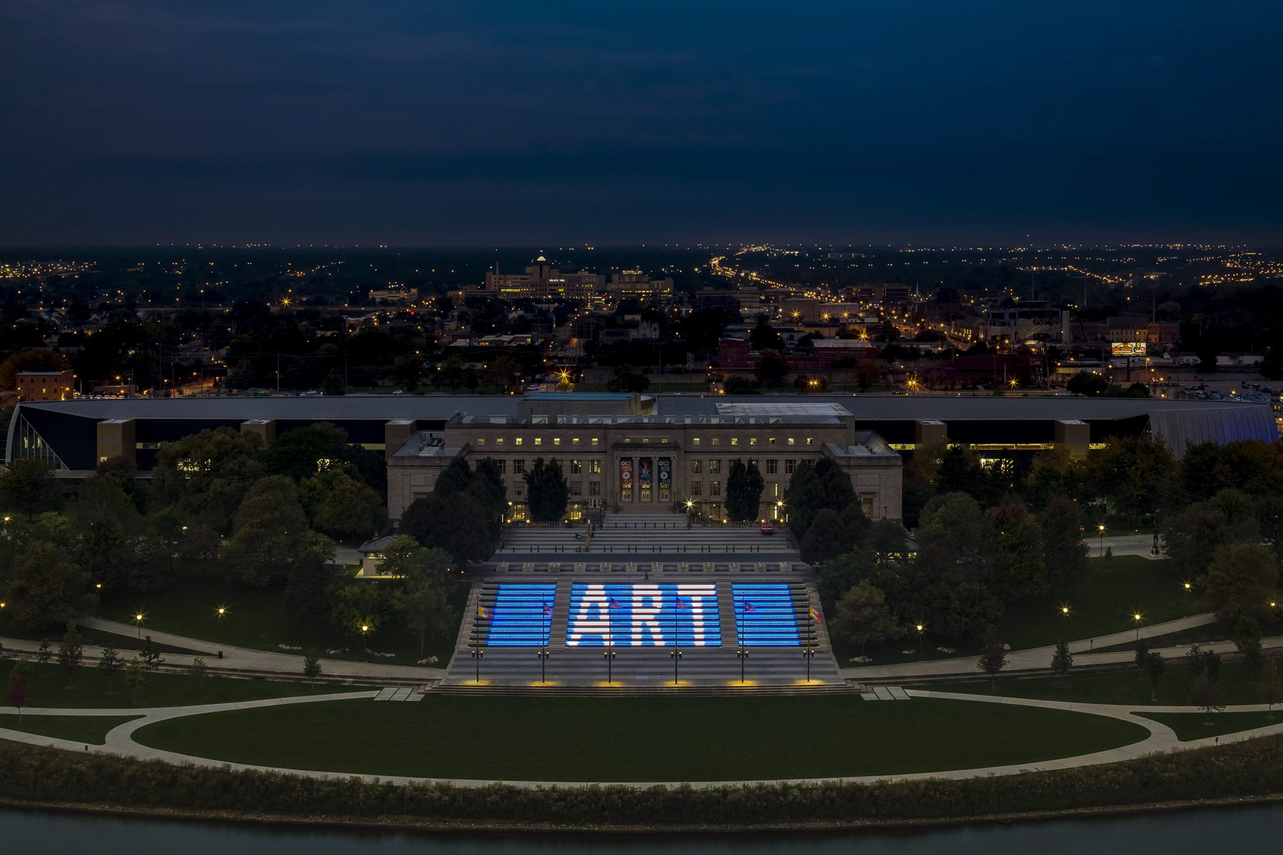 Genoa Park Riverfront Amphitheater  LED Lighting Installation by LumenPulse & Illumination Arts photographed by Lauren K Davis based in Columbus, Ohio